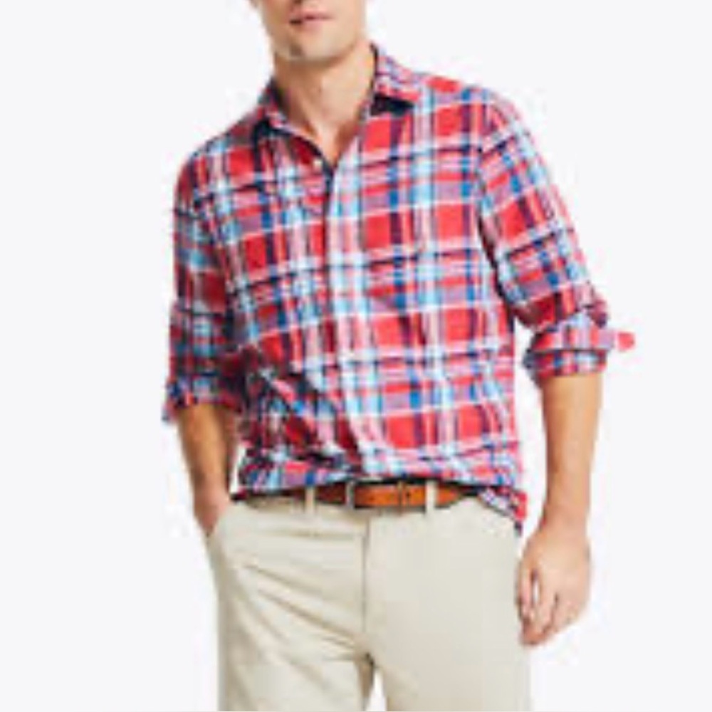 Nautica 3XL Men's Red blue Plaid Button-Down Shirt long sleeve